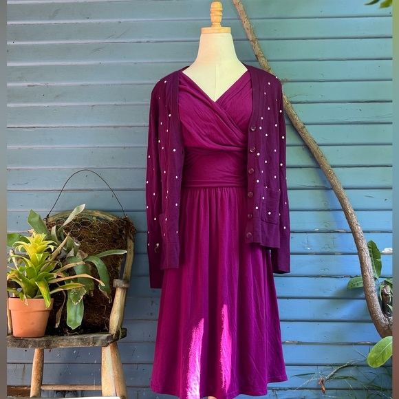 Halogen 100% Wool Purple Polka Dot Long Sleeve Cardigan - Picture 3 of 7